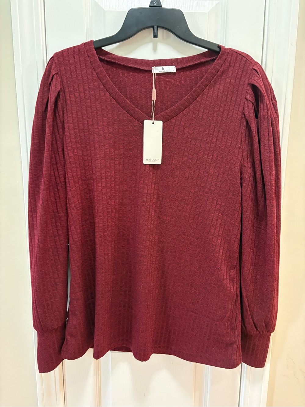 Notations V-Neck Ribbed Long-Sleeve Top in Burgundy